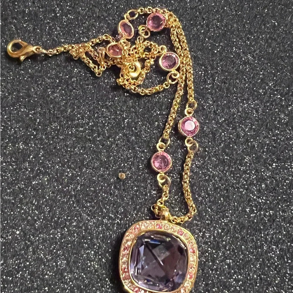 Vintage Kenneth Jay Lane KJL Gold Tone Multi Colored Crystal  Vintage Kenneth Jay Lane Gold-Tone Necklace with Cushion Crystal Pendant
